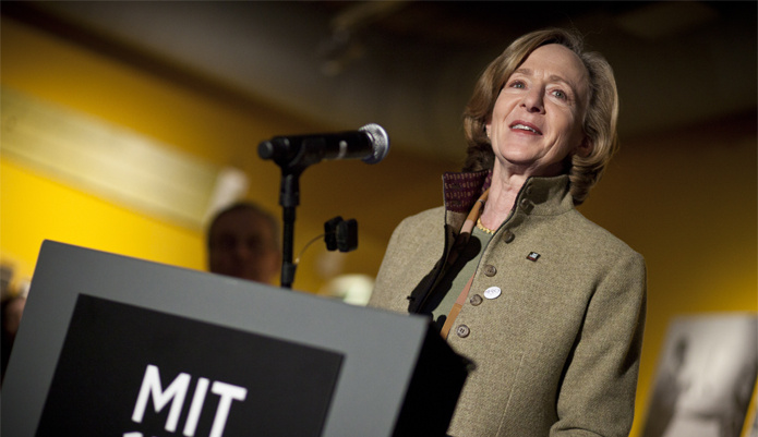 Hockfield speaking at a lectern