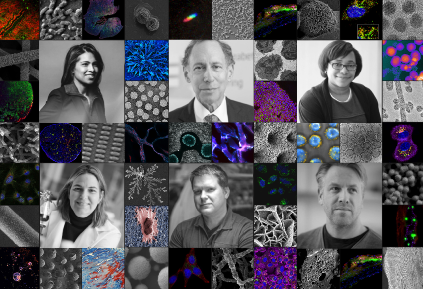 Six professors framed in a mosaic of nanotechnology images