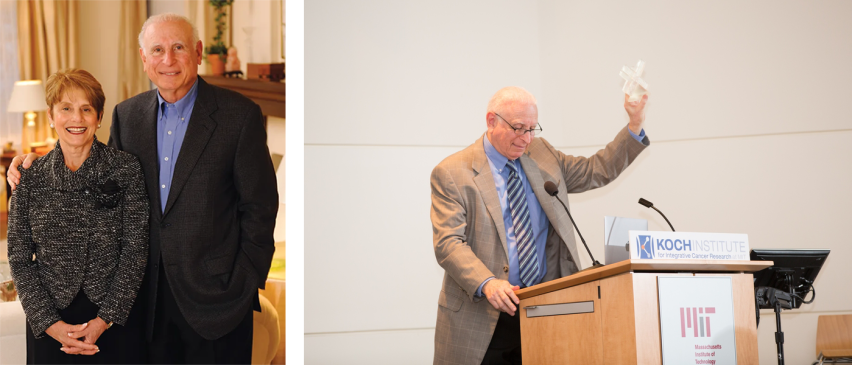 Two photos, one of Art and Linda Gelb posing together in a warmly lit living room, the other of Art Gelb at a lectern holding up a small glass trophy.