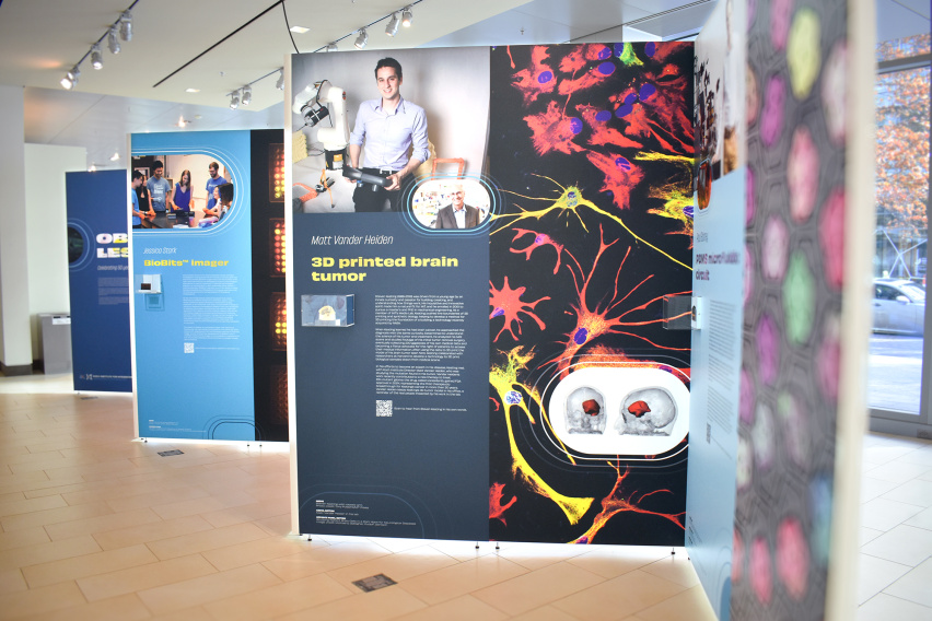 A panel of the display shows Steven Keating, a rendering of his tumor, and the 3D printed tumor itself.