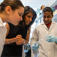 Sangeeta Bhatia lab technician Ani Galstian and former student Vyas Ramanan in the lab