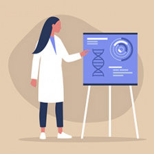 woman in lab coat stand next to a chart