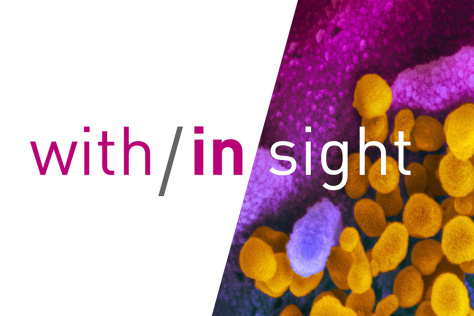 text on graphic: with/in/sight over coronavirus in yellow and magenta