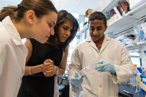 Sangeeta Bhatia lab technician Ani Galstian and former student Vyas Ramanan in the lab