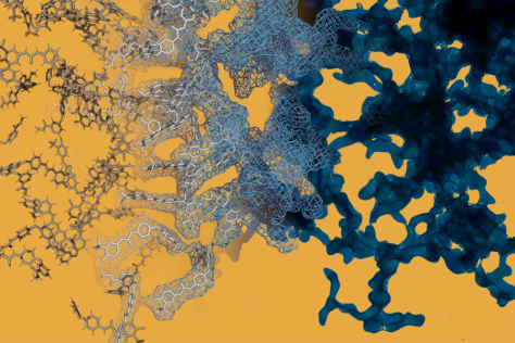 molecular simulation of nanostructures blends into electron microscope photograph of the same structures