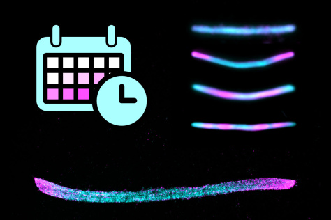 A drawing of a calendar and clock next to a stack of four diffferent multicolored linear molecule chains, and one larger chain beneath everything.