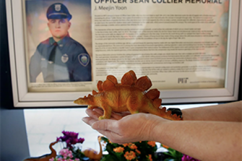 hands placing a toy dinosaur in a flower box