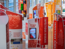 A room full of orange kiosks with video screens, text, and photos about science concepts